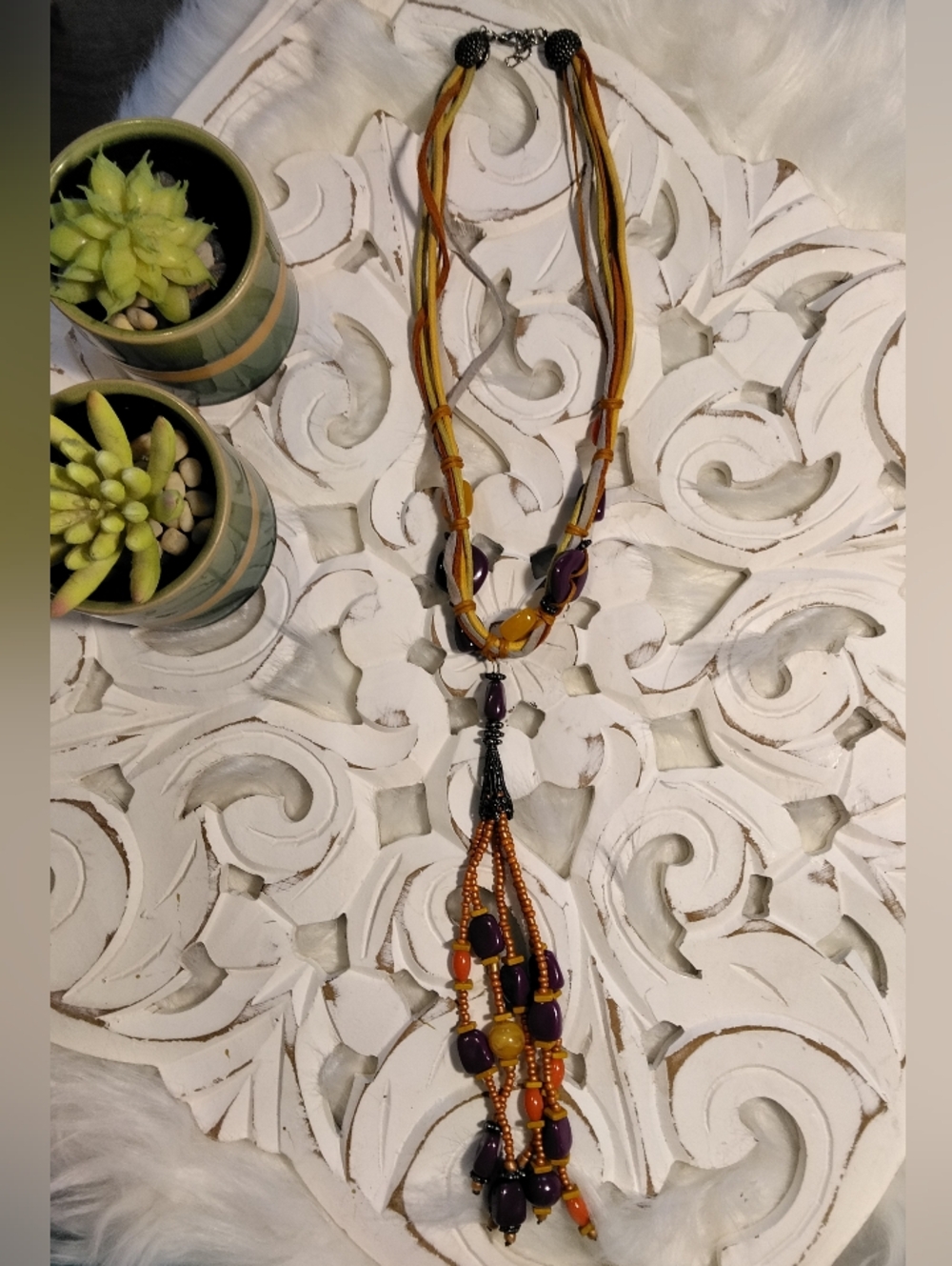 Boho Multi-Strand Amber & Purple Statement Necklace Choker